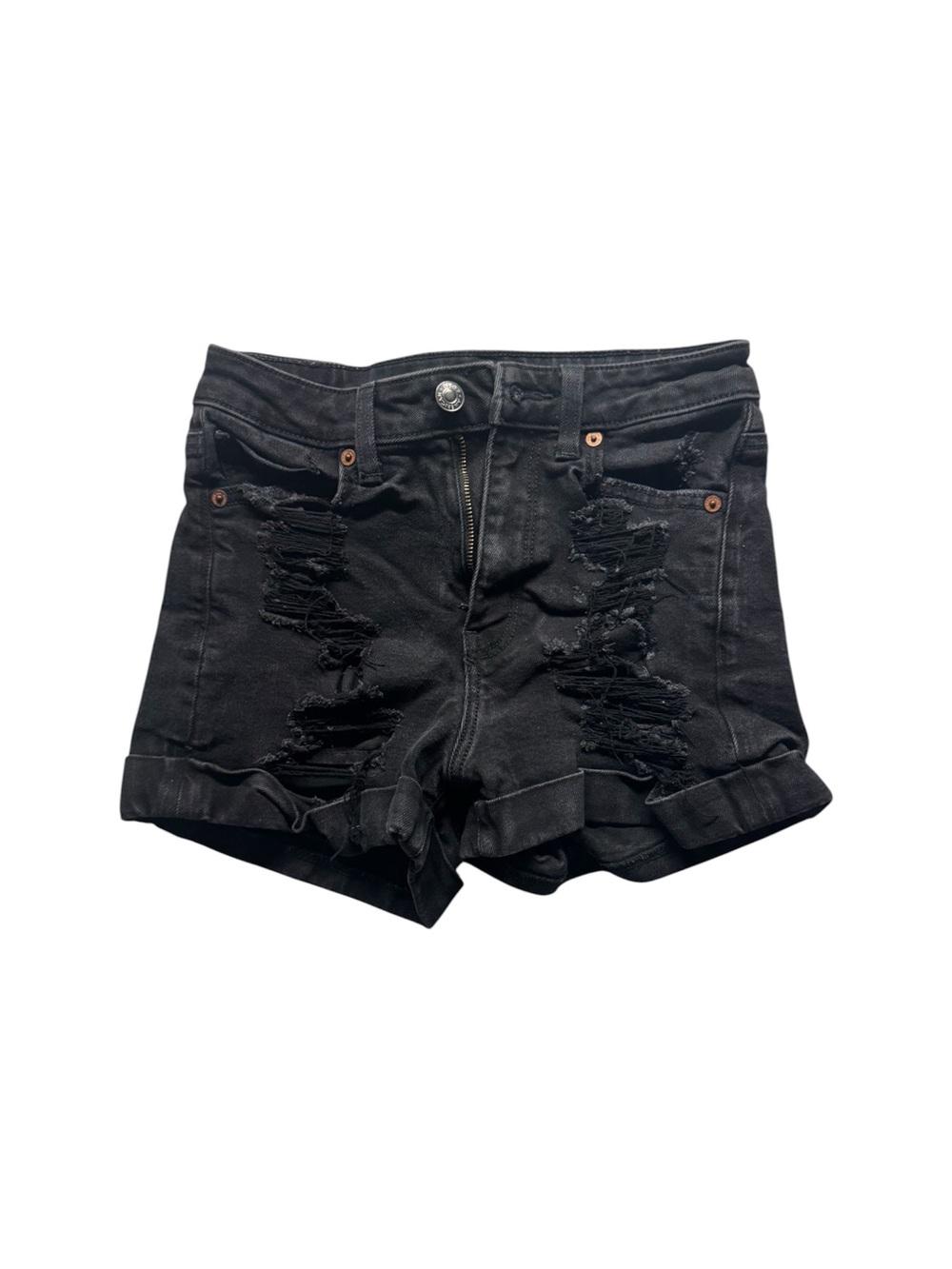 American Eagle Black Distressed High Rise Stretch Denim Shorts Size 00